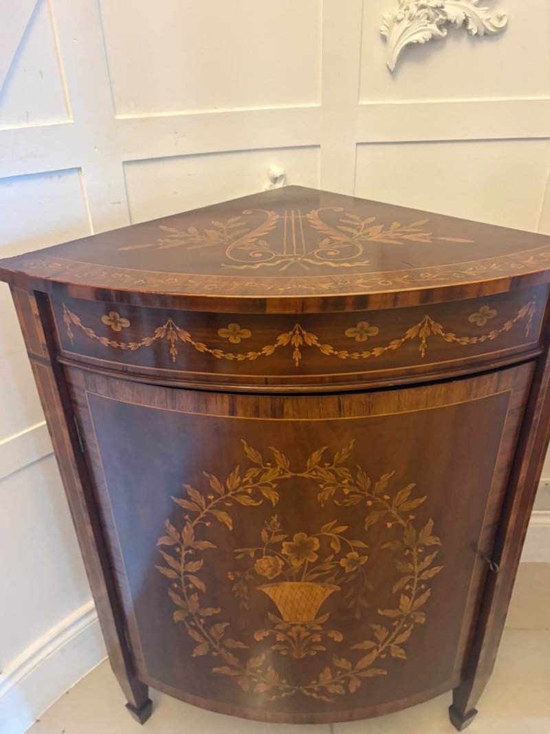 Antique Pair of English Victorian Marquetry Inlaid Mahogany Corner Cabinets - Image 9