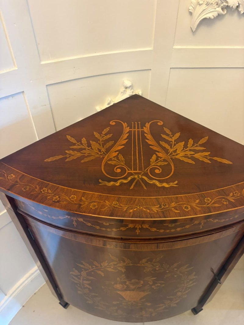 Antique Pair of English Victorian Marquetry Inlaid Mahogany Corner Cabinets - Image 11