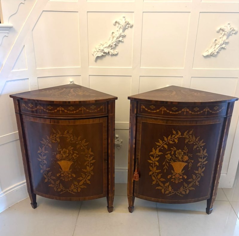 Antique Pair of English Victorian Marquetry Inlaid Mahogany Corner Cabinets