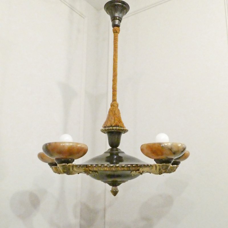 Art Deco Period Bronze & Alabaster Chandelier in the Empire Style