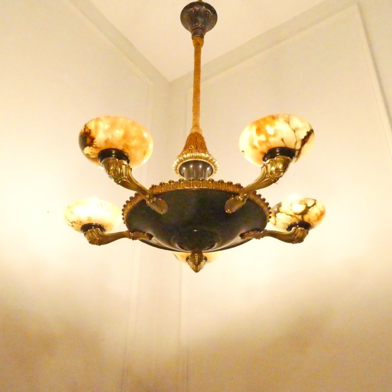 Art Deco Period Bronze & Alabaster Chandelier in the Empire Style - Image 3