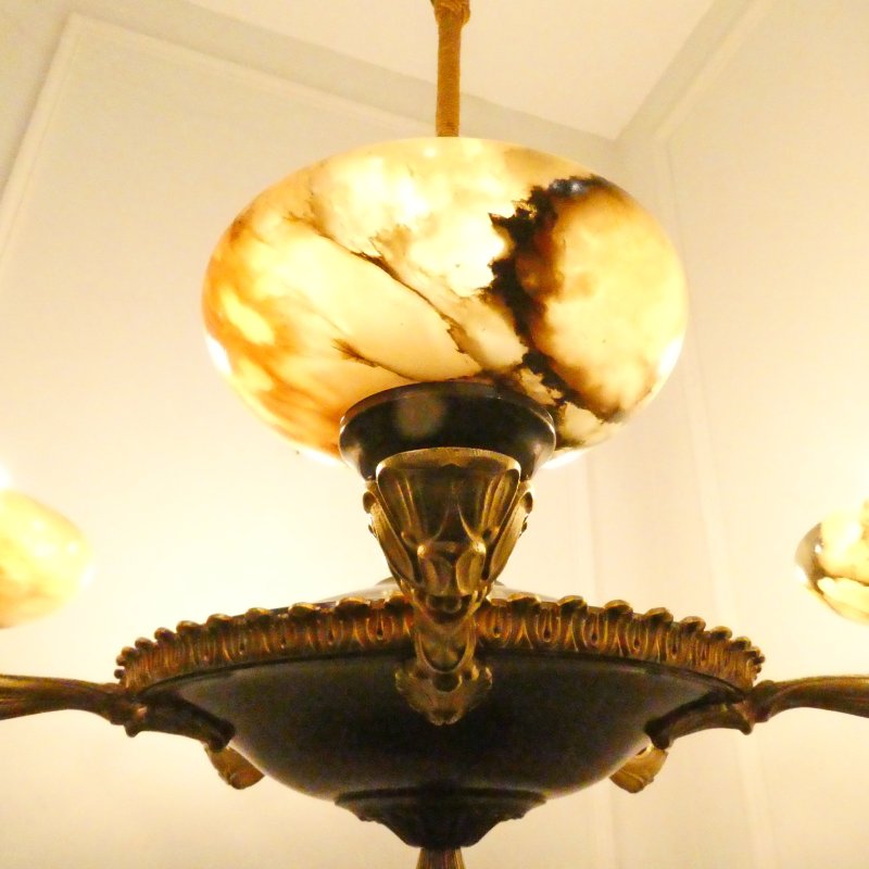 Art Deco Period Bronze & Alabaster Chandelier in the Empire Style - Image 5