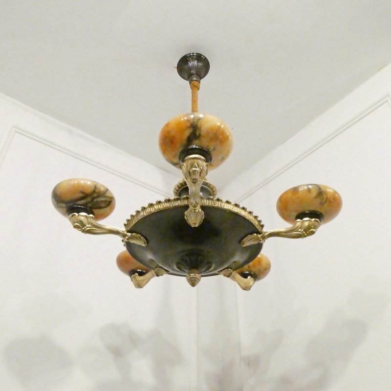 Art Deco Period Bronze & Alabaster Chandelier in the Empire Style - Image 2