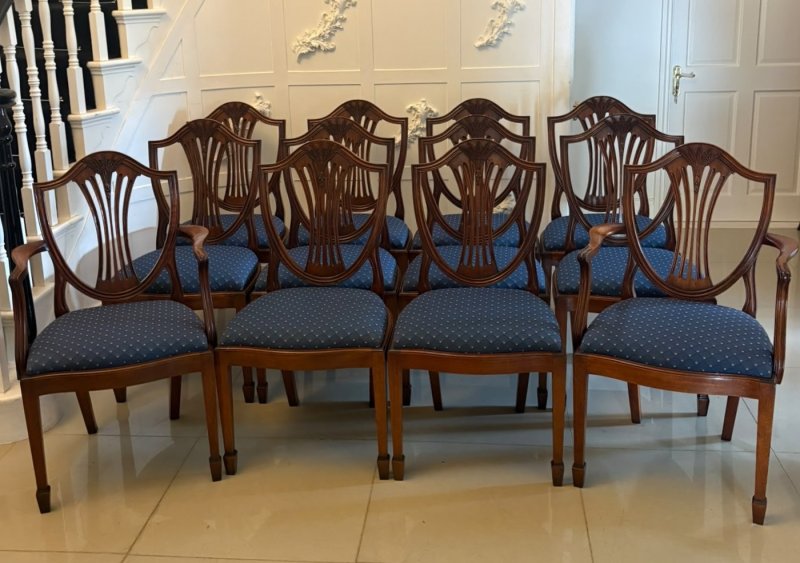 Antique Set of 12 Mahogany Shield Back Dining Chairs – 10 Dining Chairs & 2 Carvers