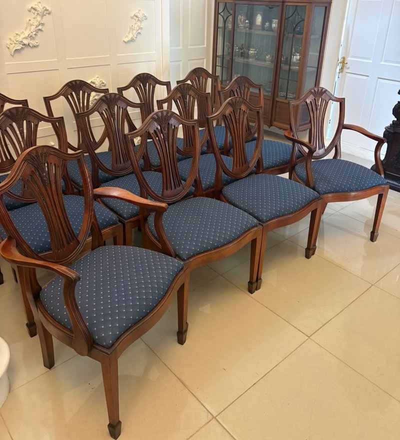 Antique Set of 12 Mahogany Shield Back Dining Chairs – 10 Dining Chairs & 2 Carvers - Image 3
