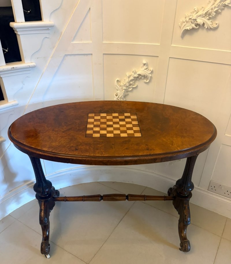 Antique Victorian Burr Walnut Carved Centre Table With Chess Top - Image 3