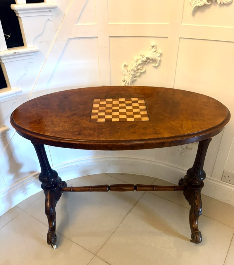 Antique Victorian Burr Walnut Carved Centre Table With Chess Top