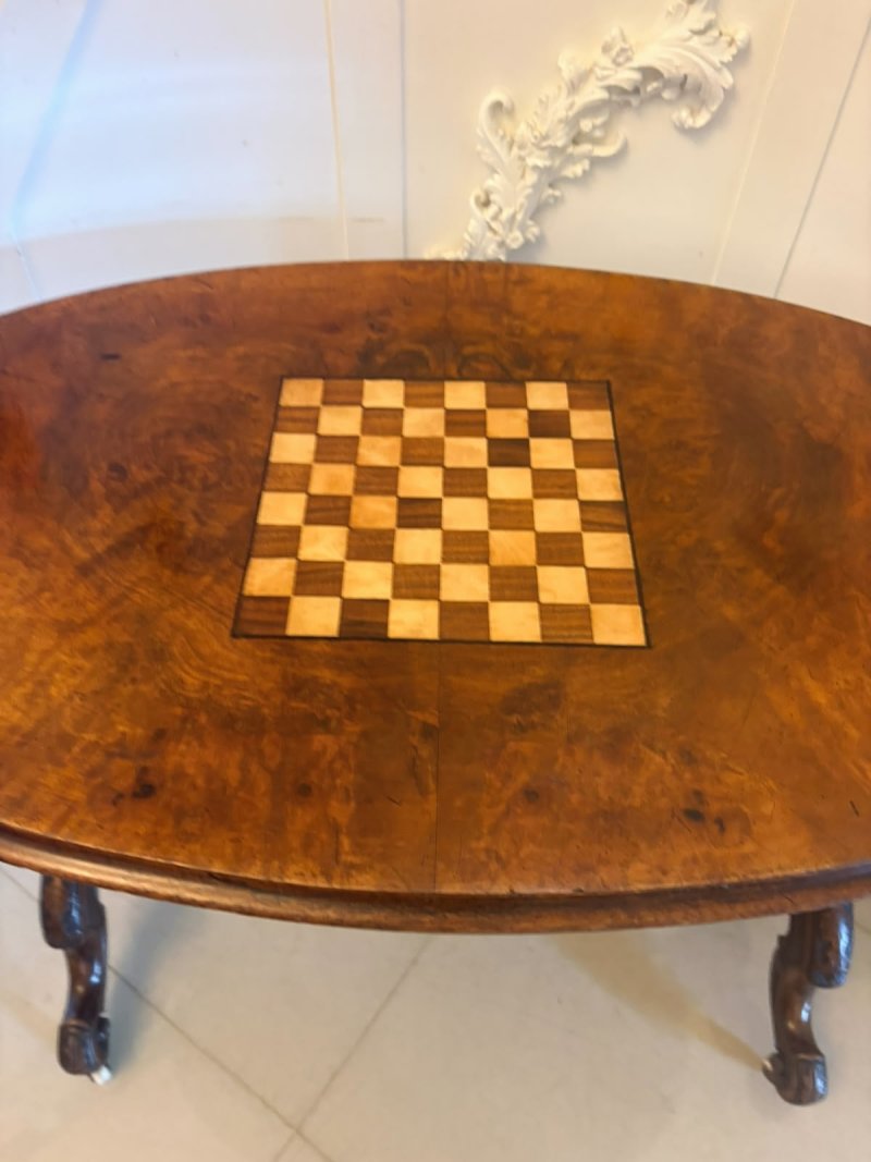 Antique Victorian Burr Walnut Carved Centre Table With Chess Top - Image 4