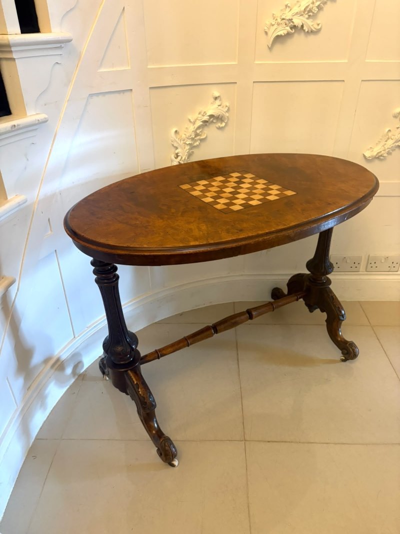Antique Victorian Burr Walnut Carved Centre Table With Chess Top - Image 6