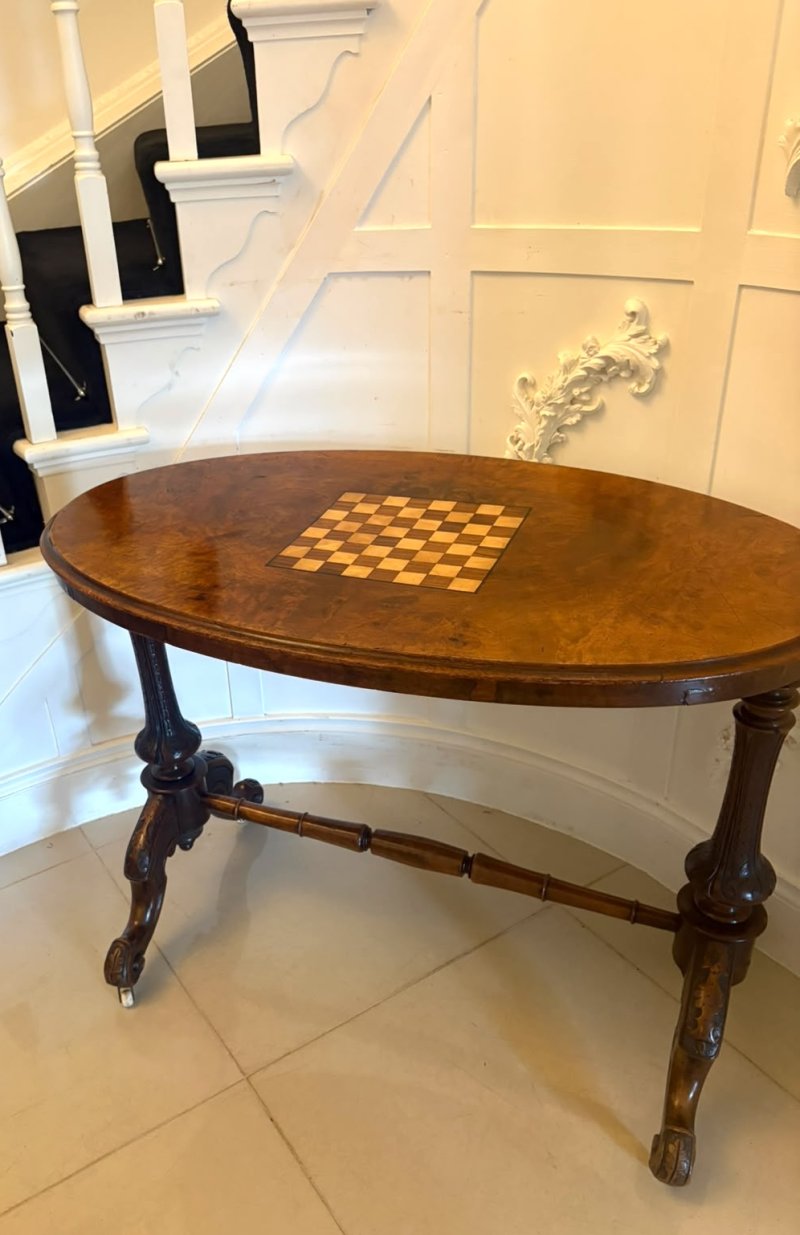 Antique Victorian Burr Walnut Carved Centre Table With Chess Top - Image 5