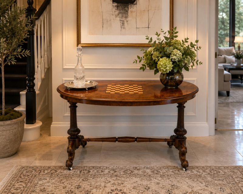 Antique Victorian Burr Walnut Carved Centre Table With Chess Top - Image 2