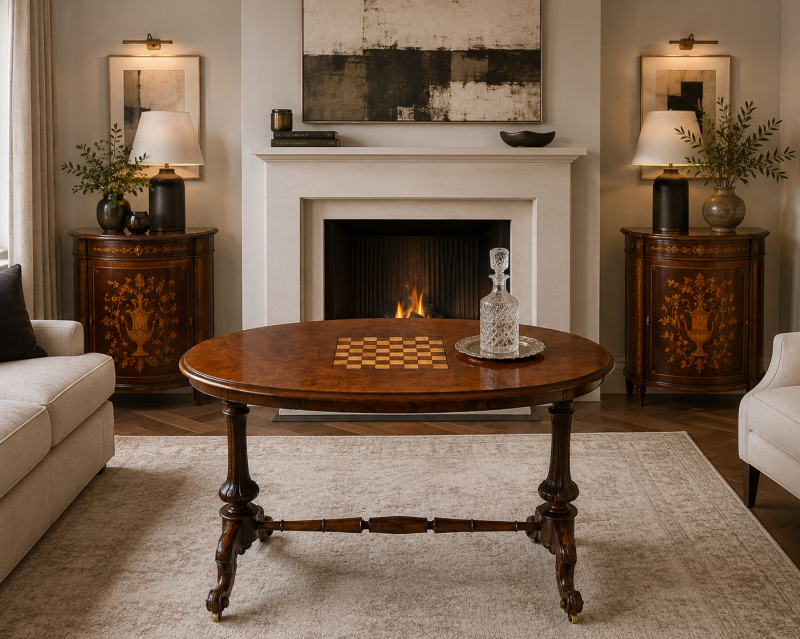 Antique Victorian Burr Walnut Carved Centre Table With Chess Top - Image 7