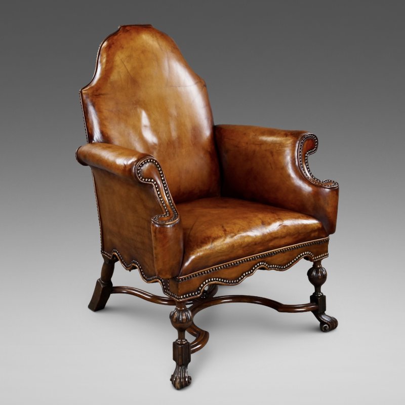 A 18Th Century Style Walnut & Leather Arm Chair