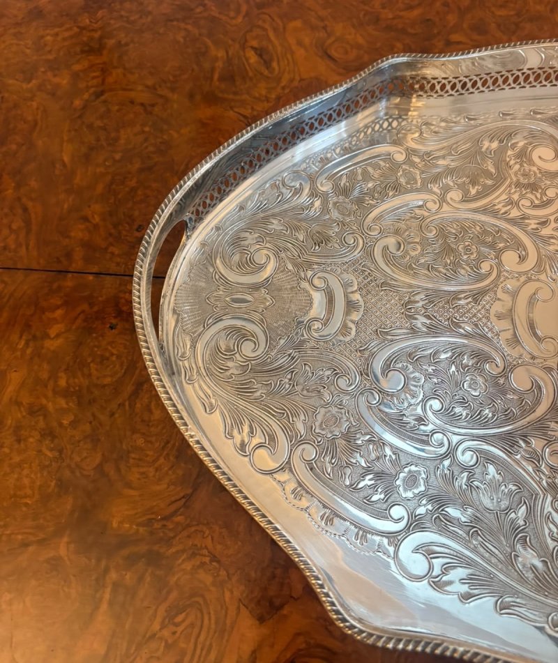 Antique Edwardian Silver Plated Engraved Tea Tray with Pierced Gallery - Image 4