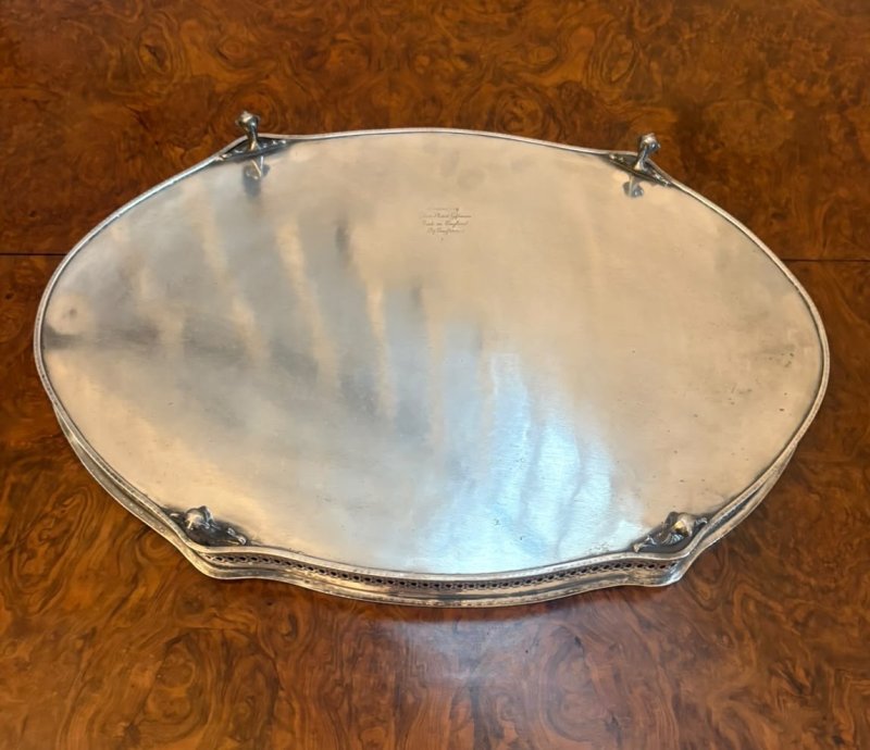 Antique Edwardian Silver Plated Engraved Tea Tray with Pierced Gallery - Image 6