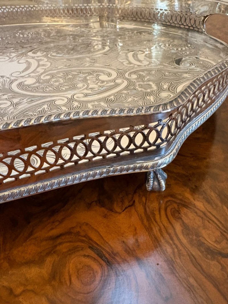 Antique Edwardian Silver Plated Engraved Tea Tray with Pierced Gallery - Image 5