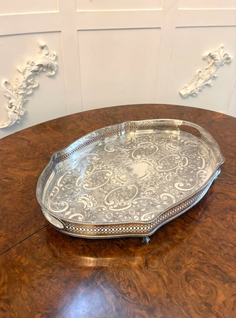 Antique Edwardian Silver Plated Engraved Tea Tray with Pierced Gallery - Image 2