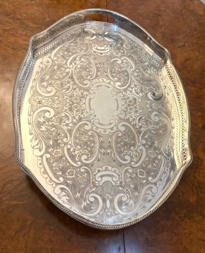 Antique Edwardian Silver Plated Engraved Tea Tray with Pierced Gallery - Image 7