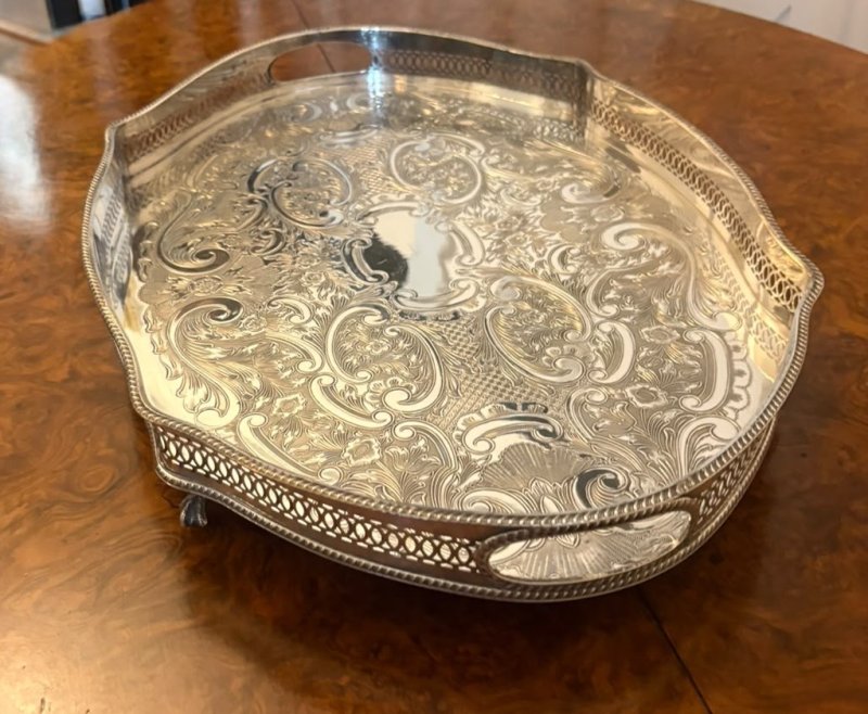 Antique Edwardian Silver Plated Engraved Tea Tray with Pierced Gallery - Image 8