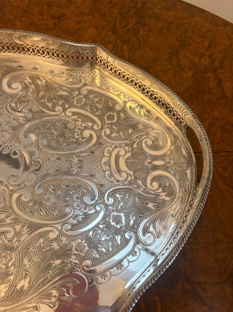 Antique Edwardian Silver Plated Engraved Tea Tray with Pierced Gallery - Image 10
