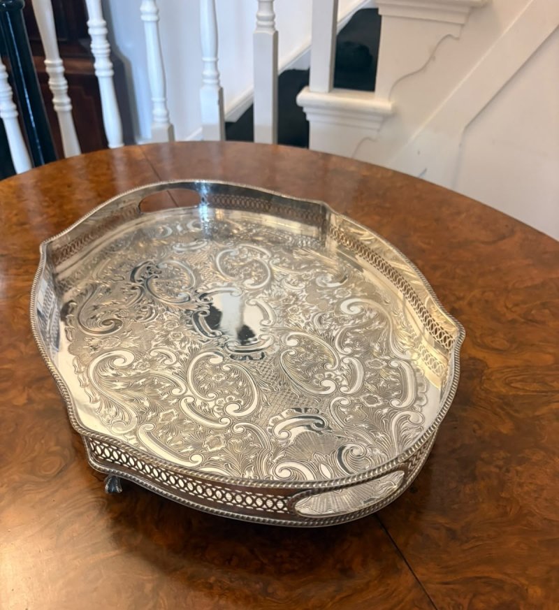 Antique Edwardian Silver Plated Engraved Tea Tray with Pierced Gallery - Image 9