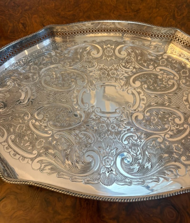 Antique Edwardian Silver Plated Engraved Tea Tray with Pierced Gallery - Image 12