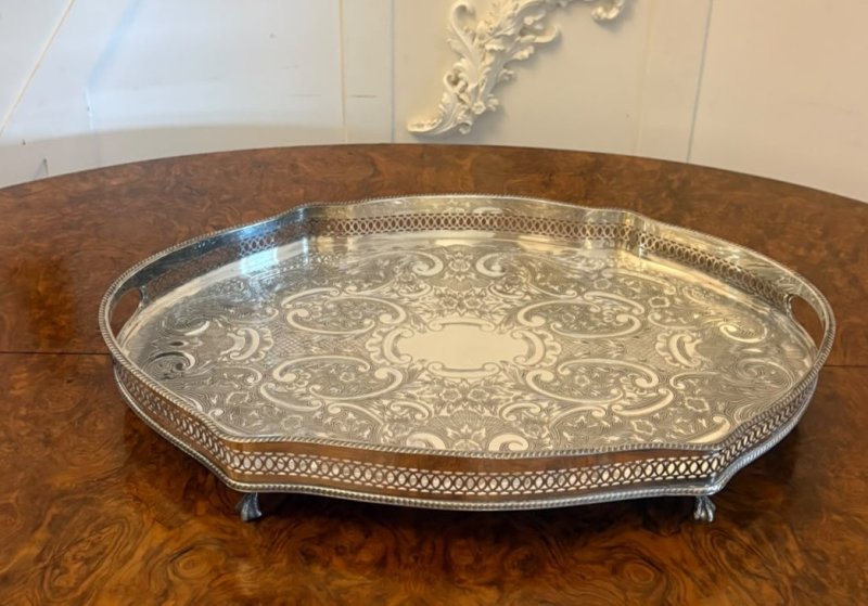Antique Edwardian Silver Plated Engraved Tea Tray with Pierced Gallery