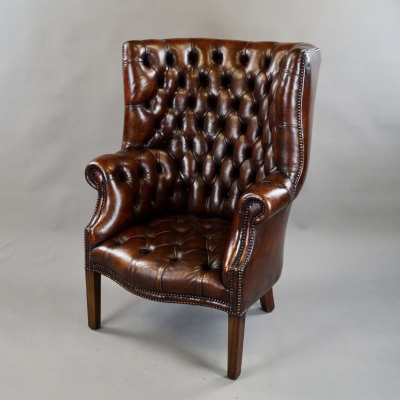 A Deep Buttoned Chestnut Brown Barrel Back Wing Chair - Image 2