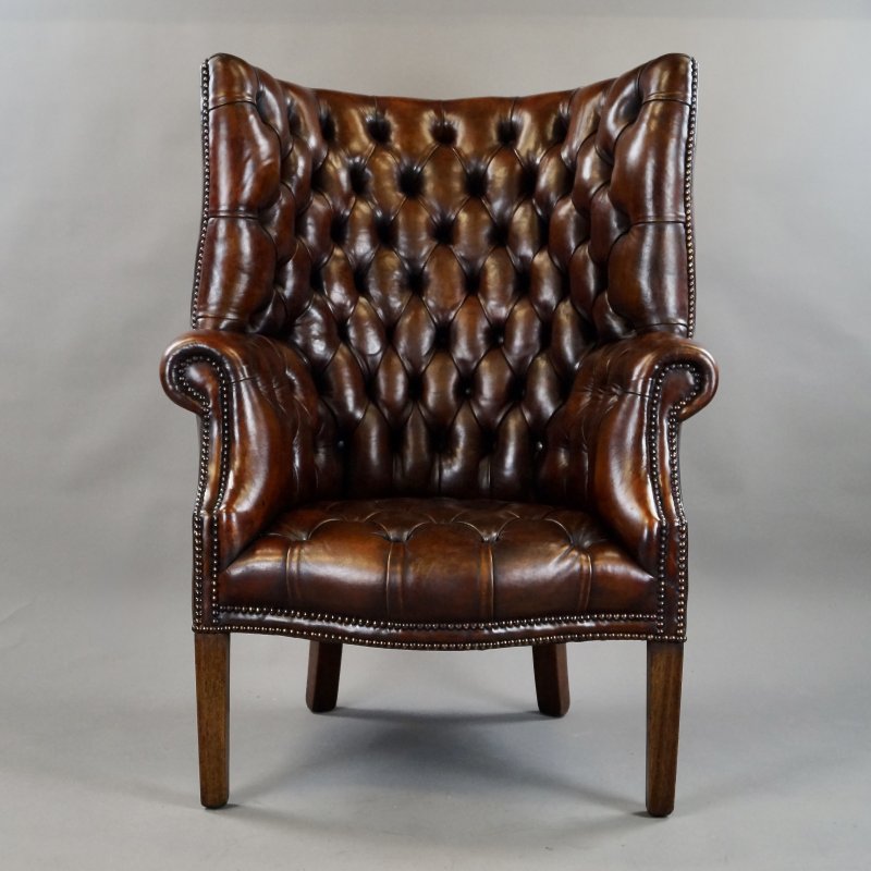 A Deep Buttoned Chestnut Brown Barrel Back Wing Chair - Image 3