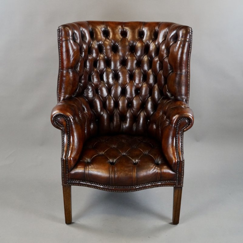 A Deep Buttoned Chestnut Brown Barrel Back Wing Chair - Image 5
