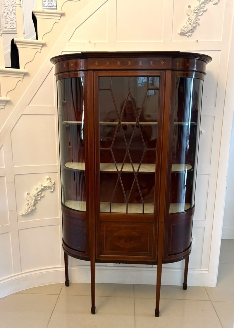 Antique Edwardian Mahogany Inlaid Bow-Ended Display Cabinet