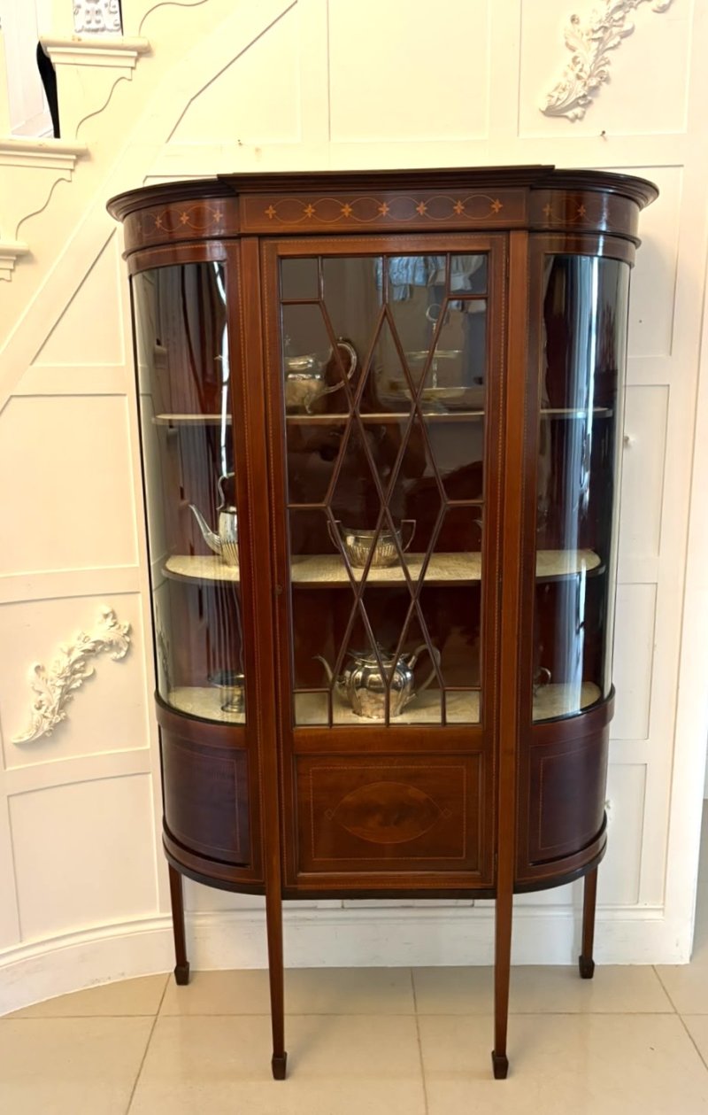 Antique Edwardian Mahogany Inlaid Bow-Ended Display Cabinet - Image 5
