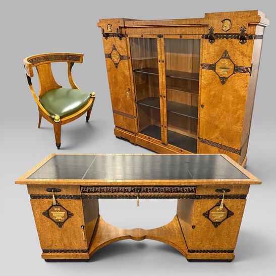 French Neoclassical Office Set by Mercier Frères – Desk, Cabinet & Chair