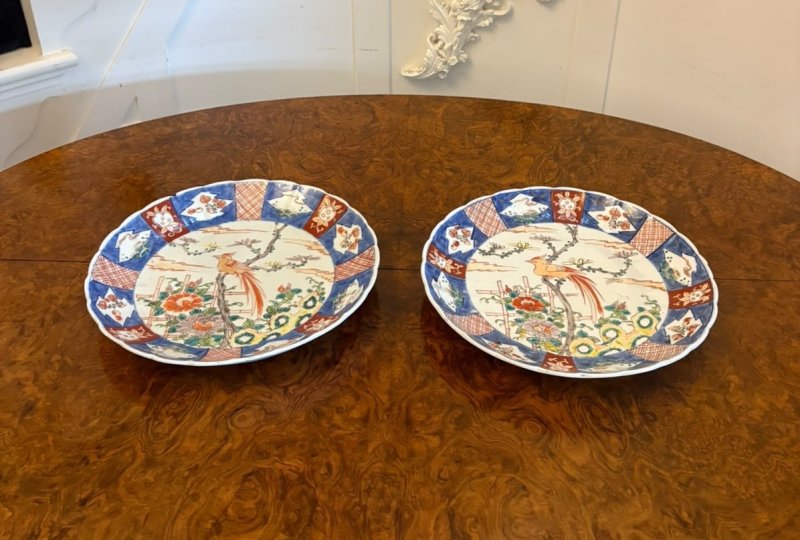 Antique Japanese Meiji Imari Porcelain Plates with Exotic Birds – Pair