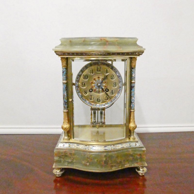 French Onyx & Champleve Four Glass Mantel Clock by Samuel Marti