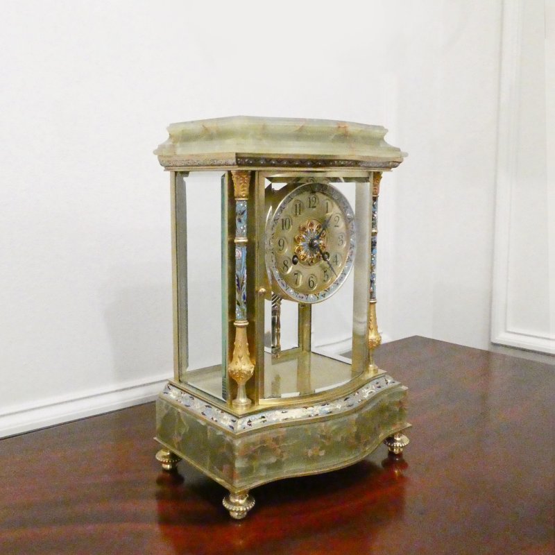French Onyx & Champleve Four Glass Mantel Clock by Samuel Marti - Image 2