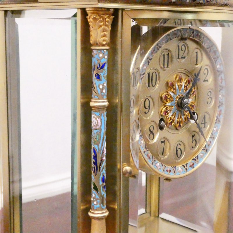 French Onyx & Champleve Four Glass Mantel Clock by Samuel Marti - Image 6