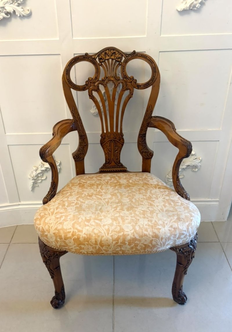 Antique Pair of Carved Walnut Desk Armchairs - Image 5