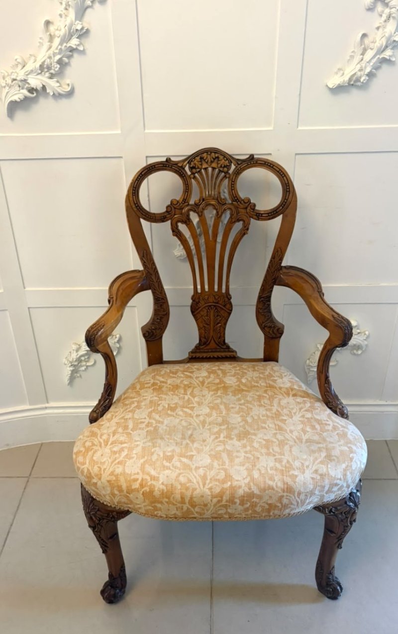 Antique Pair of Carved Walnut Desk Armchairs - Image 8