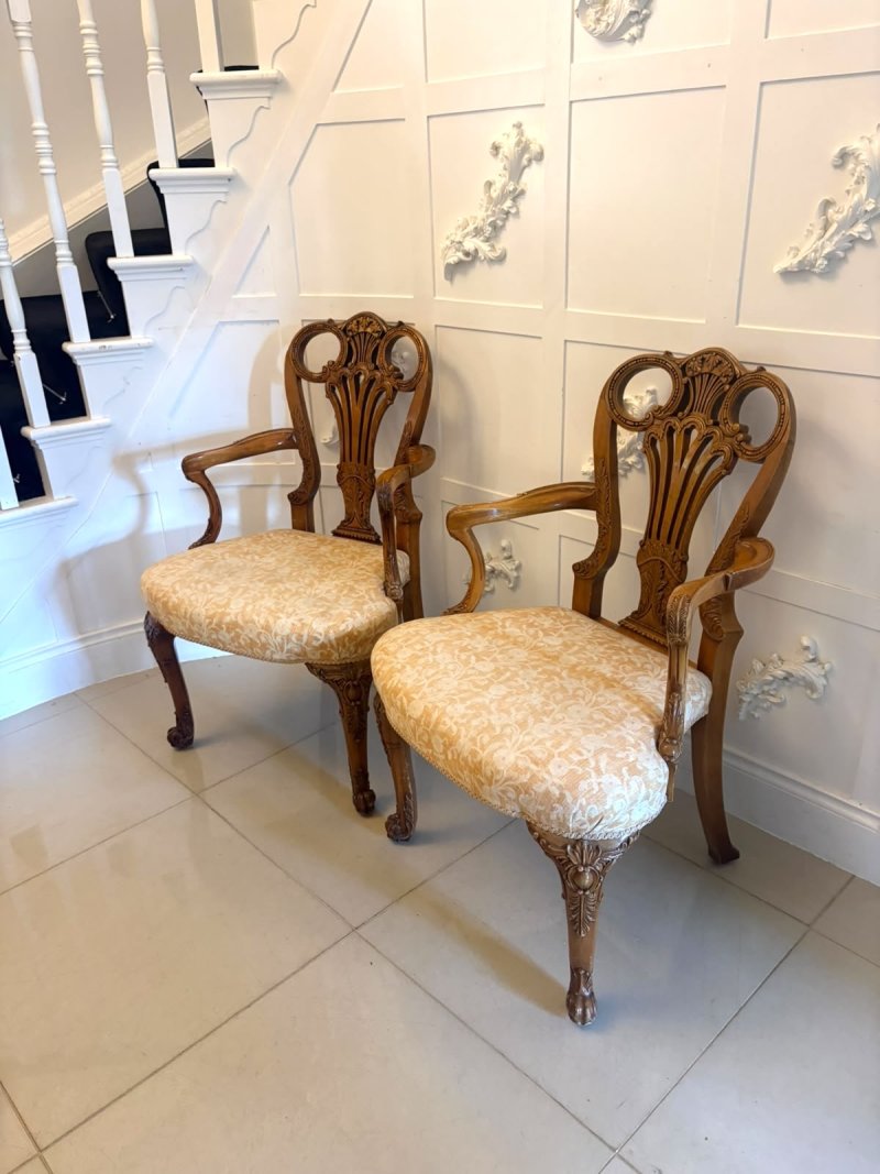 Antique Pair of Carved Walnut Desk Armchairs - Image 3