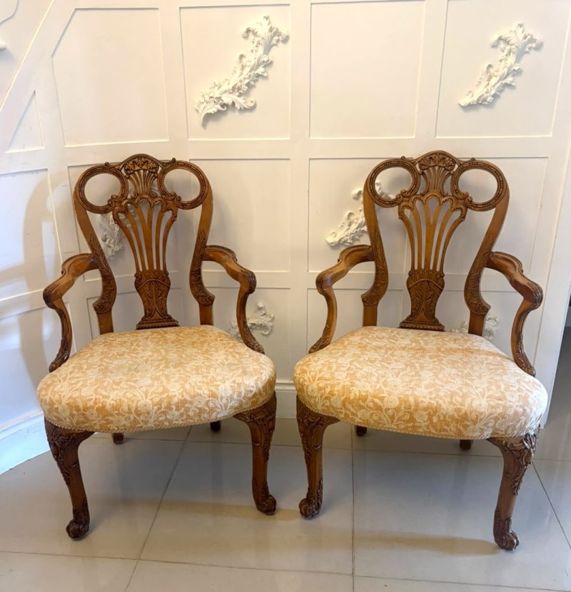 Antique Pair of Carved Walnut Desk Armchairs