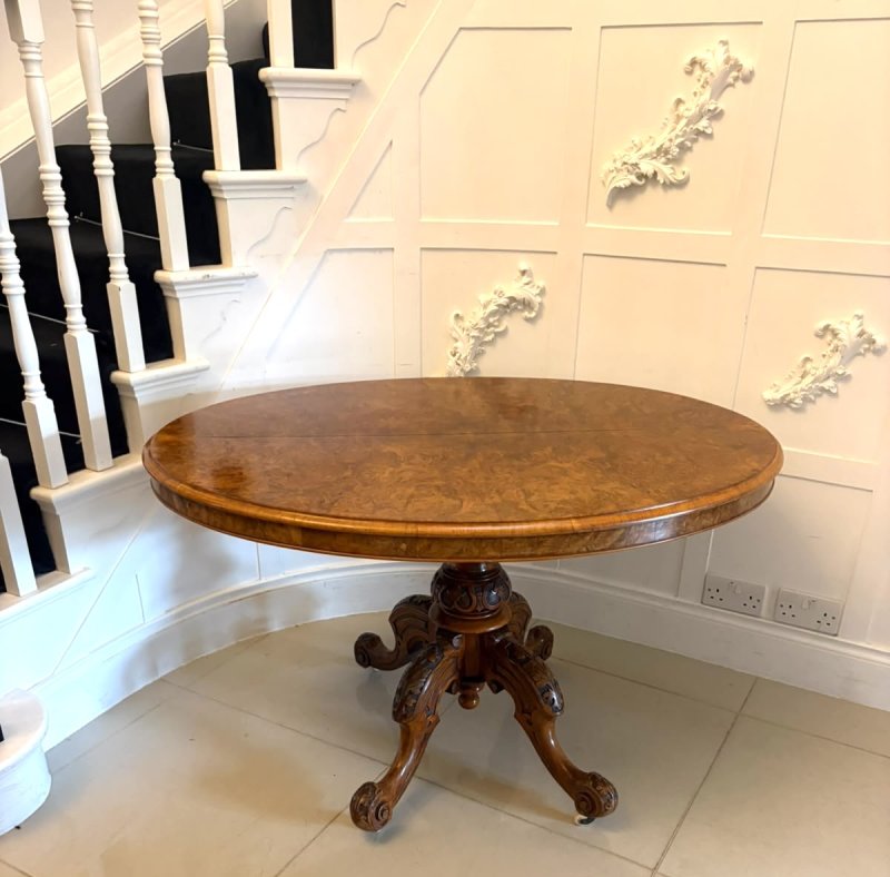Antique Victorian Burr Walnut 6 Seater Oval Tilt-Top Centre Dining Table - Image 4