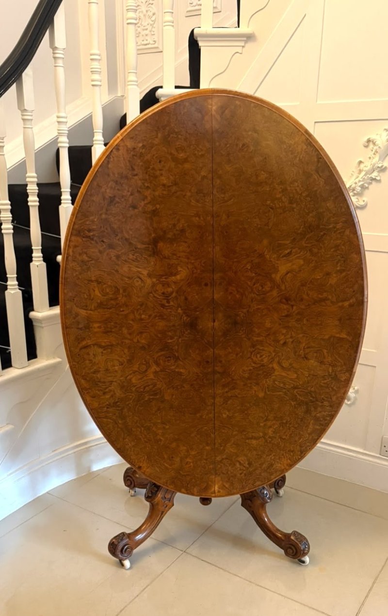 Antique Victorian Burr Walnut 6 Seater Oval Tilt-Top Centre Dining Table - Image 8