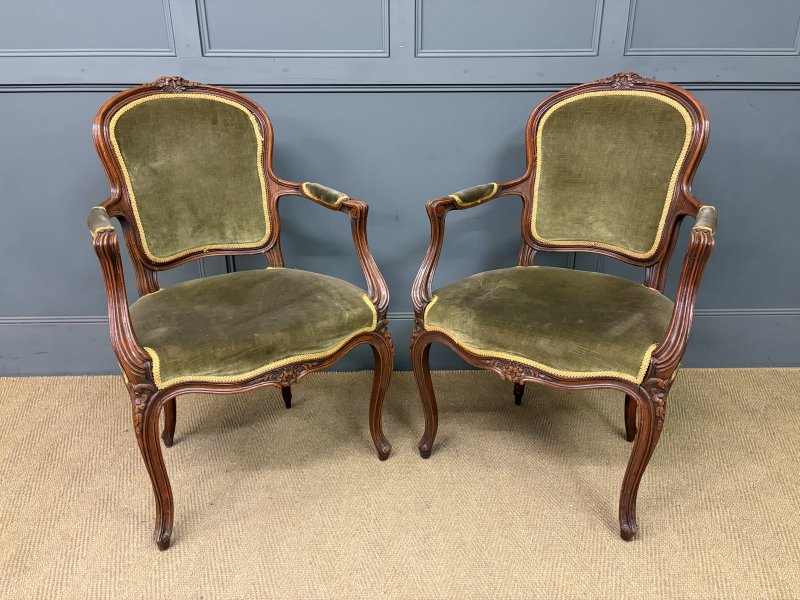 Pair of French Carved Mahogany Armchairs