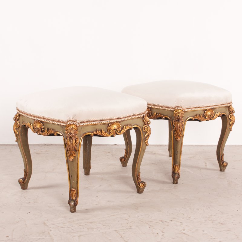 Decorative Pair Of Painted And Gilded Continental 19thC Stools