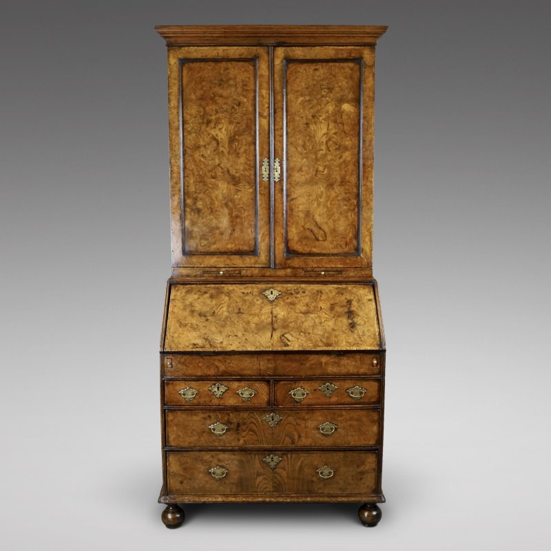 A Rare William & Mary Burr Elm Bureau Bookcase