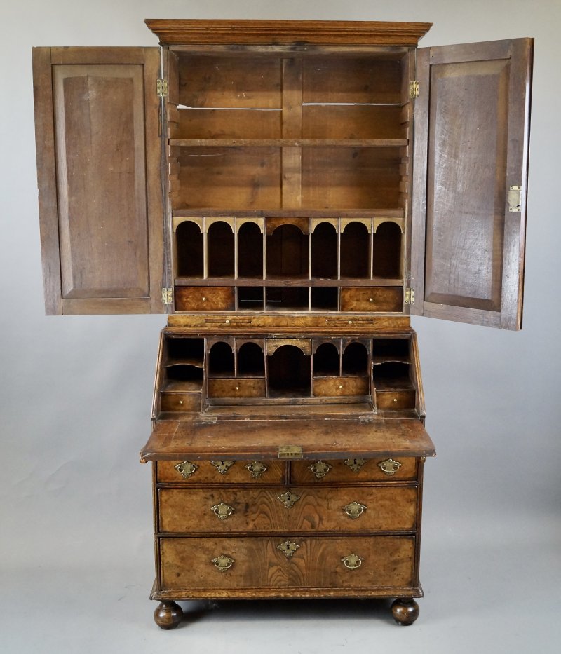 A Rare William & Mary Burr Elm Bureau Bookcase - Image 4