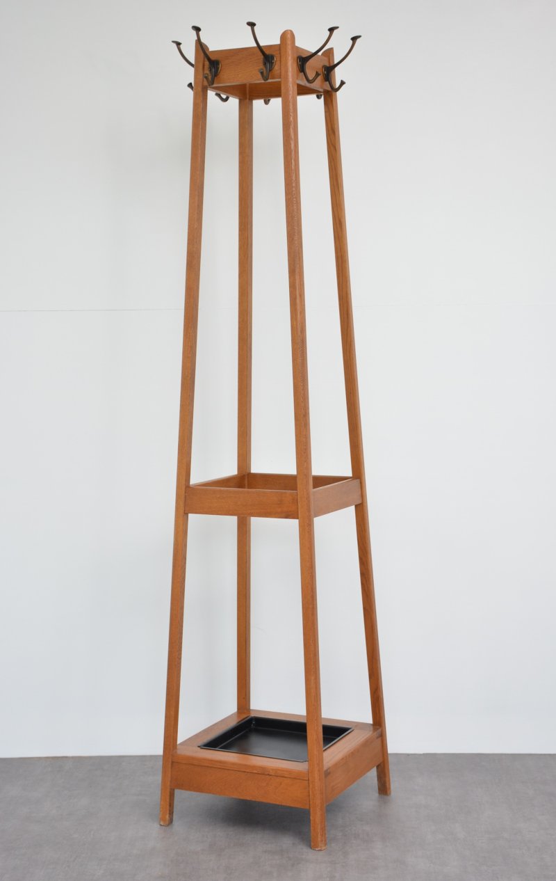 Mid-Century Modern Oak Coat Stand with Integrated Umbrella Holders and Drip Tray