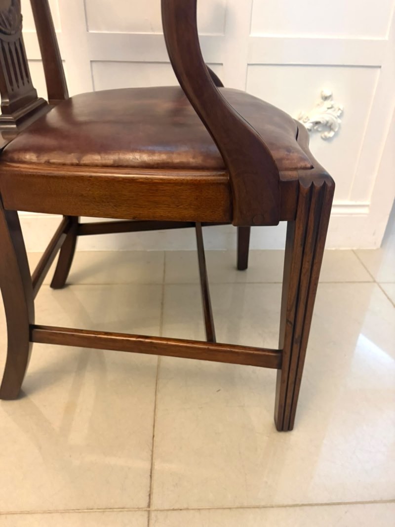 Antique Set of 8 Victorian Mahogany Shield Back Hepplewhite Style Dining Chairs Carvers Original Tan Leather - Image 13