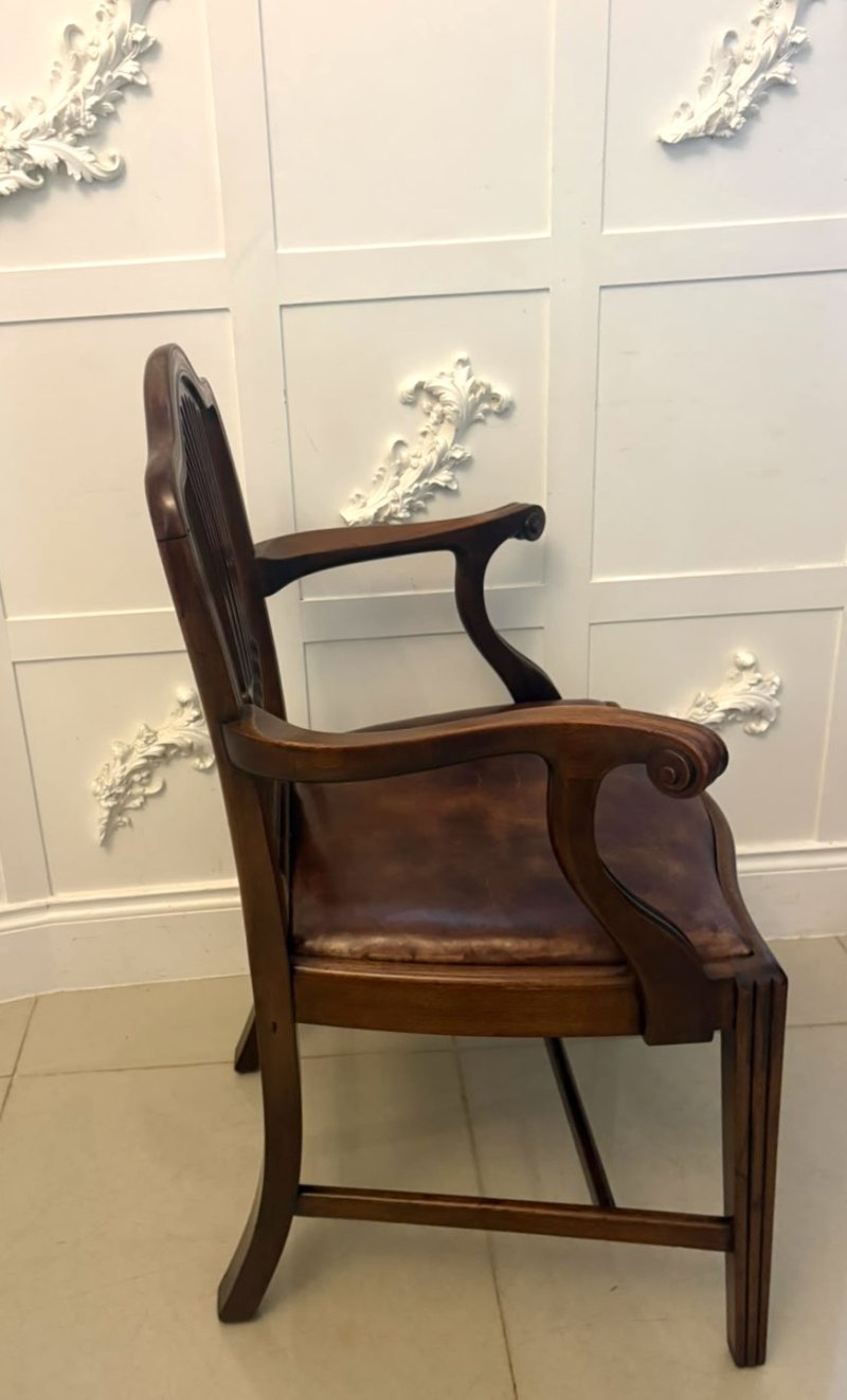 Antique Set of 8 Victorian Mahogany Shield Back Hepplewhite Style Dining Chairs Carvers Original Tan Leather - Image 9